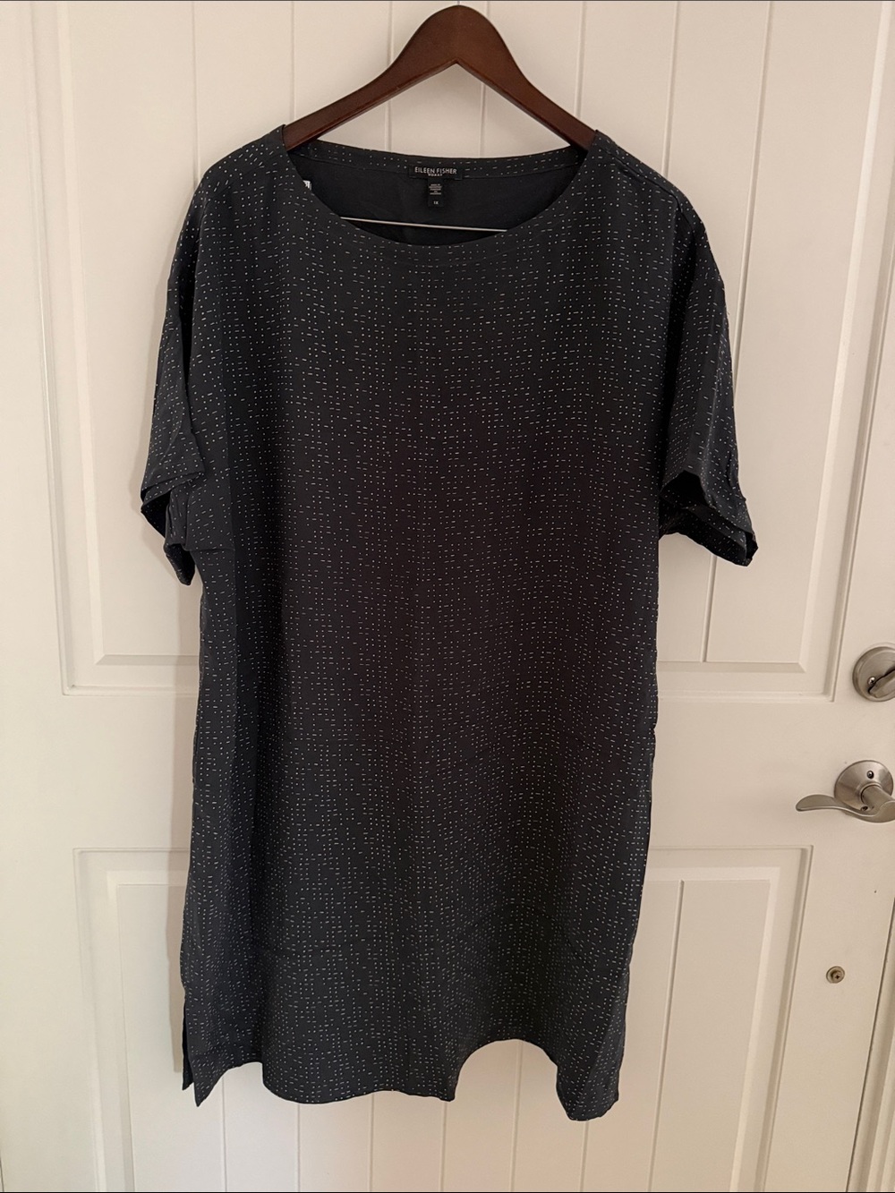 Eileen Fisher Black Short-Sleeve Tunic with Subtle Dot Print